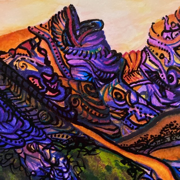 Unframed Original Art Watercolour Surreal Mountain Scape & Alpine Meadow - Picture 6 of 6